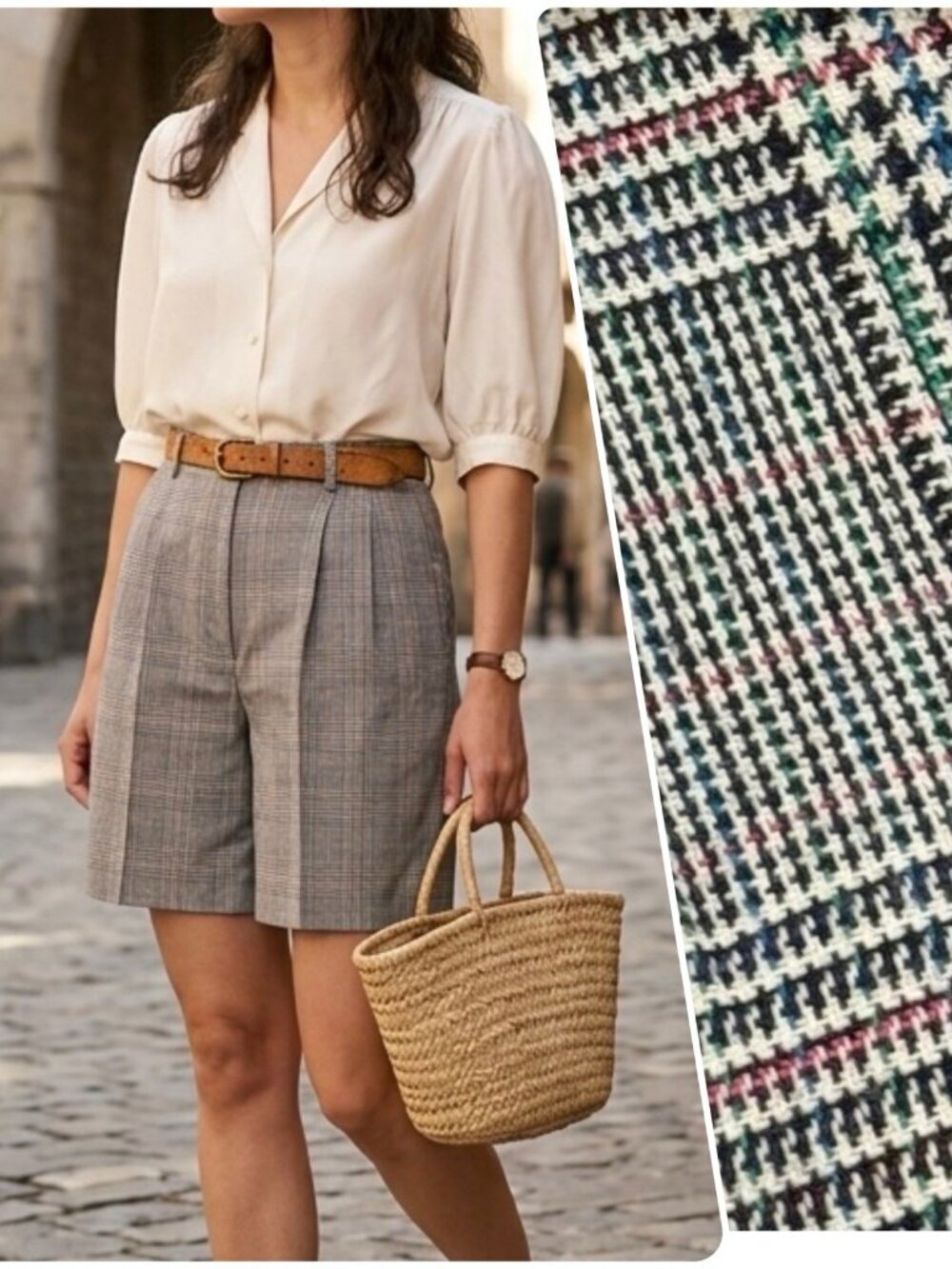 VTG 80s Sz L Houndstooth Multicolored Pleated Preppy High Waisted Twill Shorts